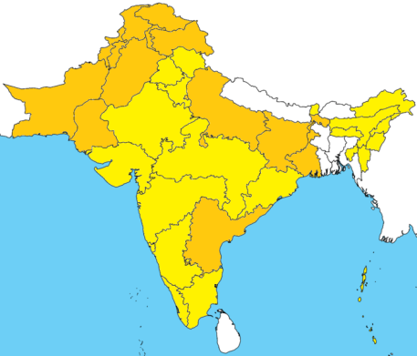 English: Map of the subcontinent showing areas where Urdu is official or co-official [orange] and where Hindi is official [yellow]. ~ Kwamikagami at English Wikipedia